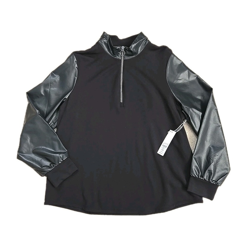 Chicos Women's Pullover Large Black 1/4 Zip Faux Leather Sleeves Lightweight Mix